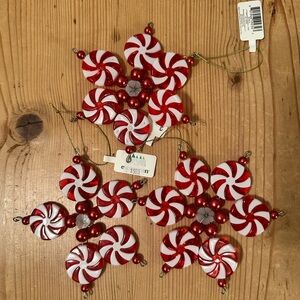 NWT Evergreen - 3 Red & White Peppermint Snowflake Ornaments - 5”
